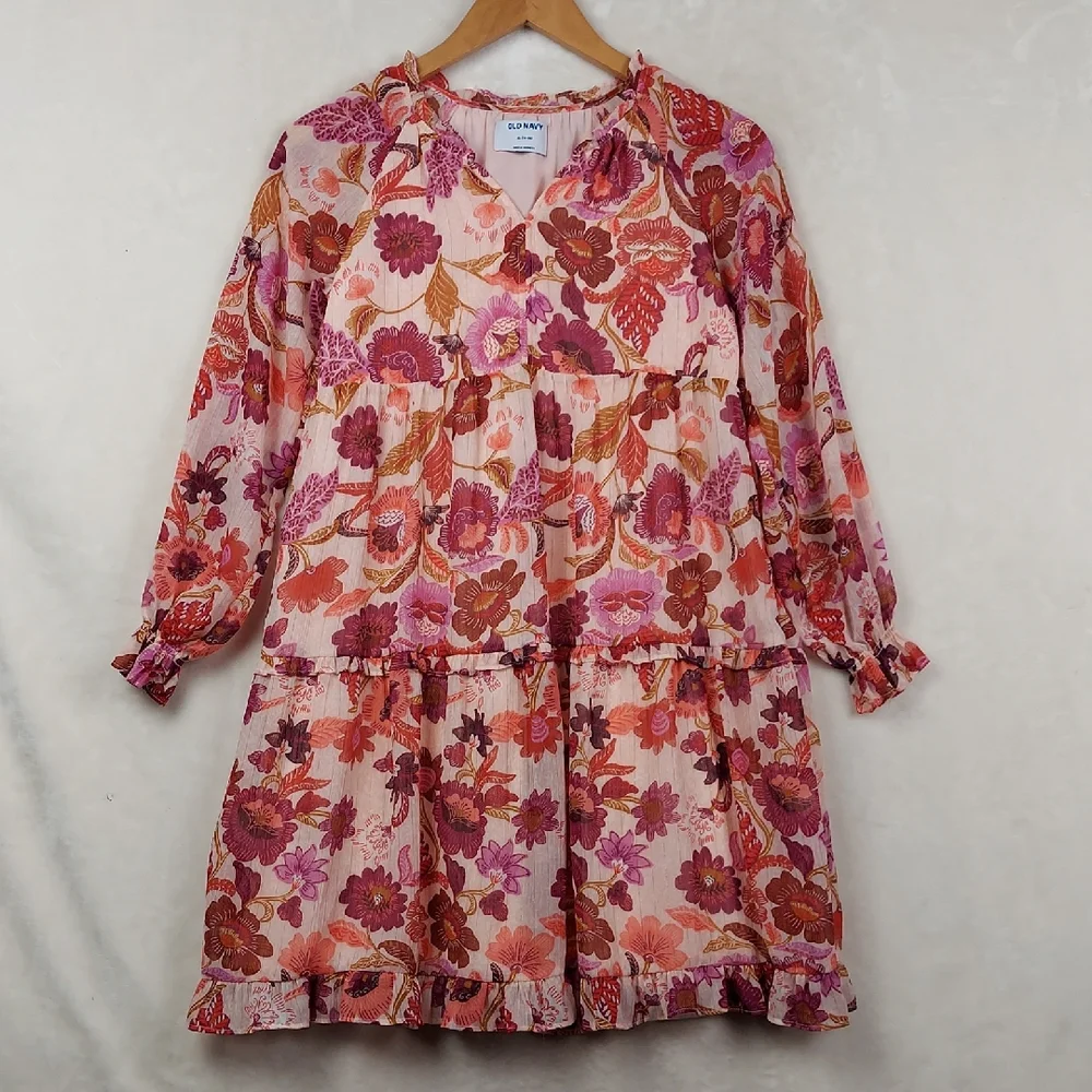 Old Navy Printed Long-Sleeve Tie-Front Tiered Swing Dress for Girls XLarge 14-16